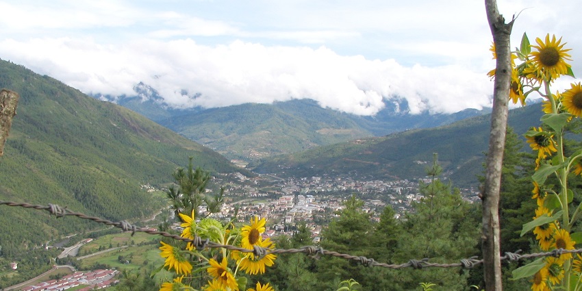 A wide view of Tashichho Dzong, located in Thimphu, the capital city of Bhutan