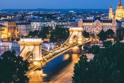 A view of Budapest's Chain Bridge, with the light reflecting through the Danube River.