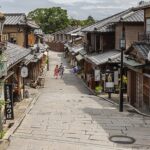 Ninenzaka, a pedestrian paved street with paper umbrellas on a storefront that showcases Japan's architecture