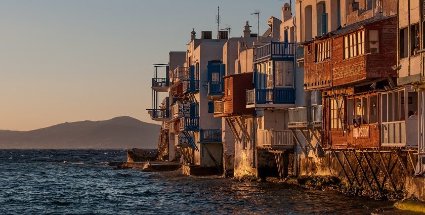 View of a gorgeous sunset of Mykonos, Greece.