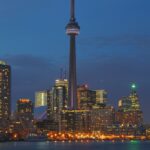 A view of Toronto Skyline at dusk featuring CN Tower and other tall skyscrapers