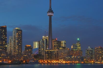 A view of Toronto Skyline at dusk featuring CN Tower and other tall skyscrapers