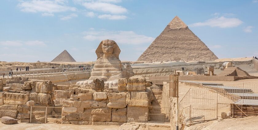 The Pyramids of Giza are looking serene and beautiful during the time of sunset.