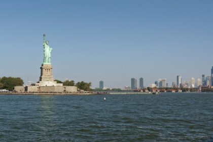 Liberty Island with the Statue of Liberty and downtown Jersey City, one of the best things to do in New Jersey.