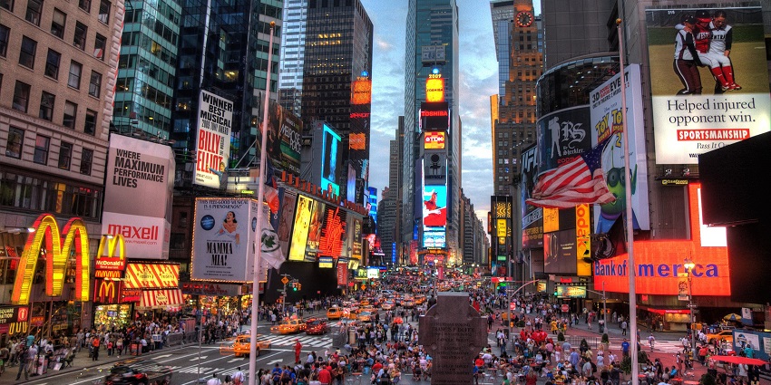 Vibrant, bustling square is known for bright billboards and entertainment.