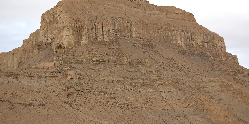 View of the massive caves near Tholing Monastery.