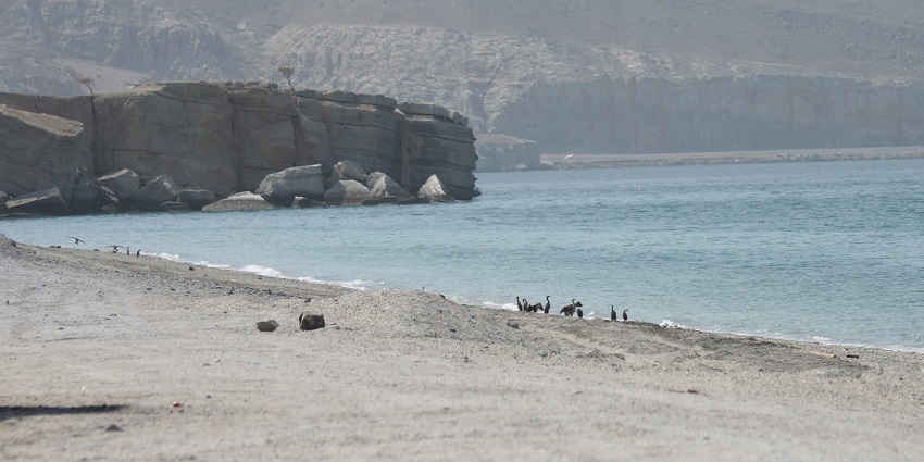 A view of quiet, picturesque beach with turquoise waters and rocky surroundings.