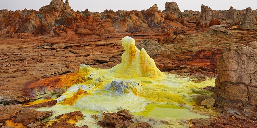 A sulphur and salt-made land formation is looking otherworldly near the Dallol Volcano.