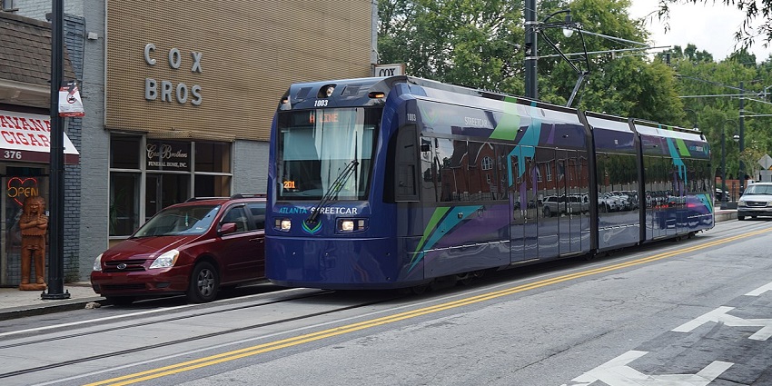 Streetcar passing by the Martin Luther King Jr. National Historic Site in Atlanta.