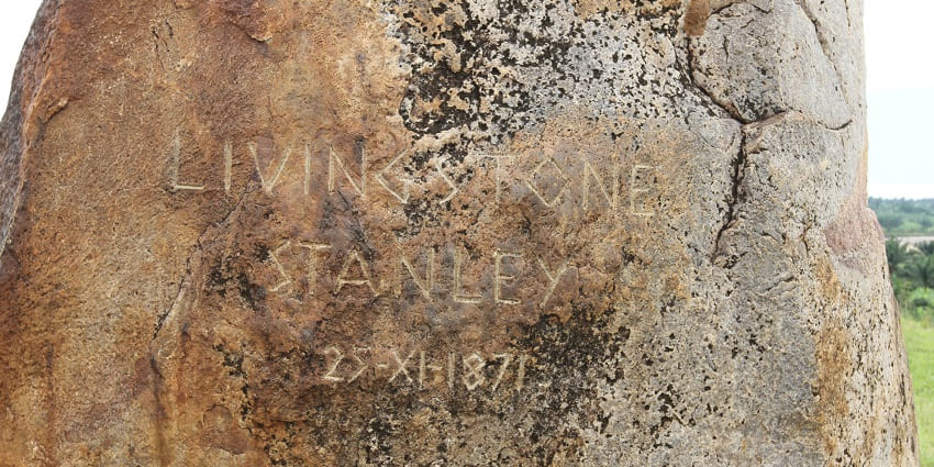 Close-up of Livingstone Stanley engraved on an old stone with the date in Ujiji town.