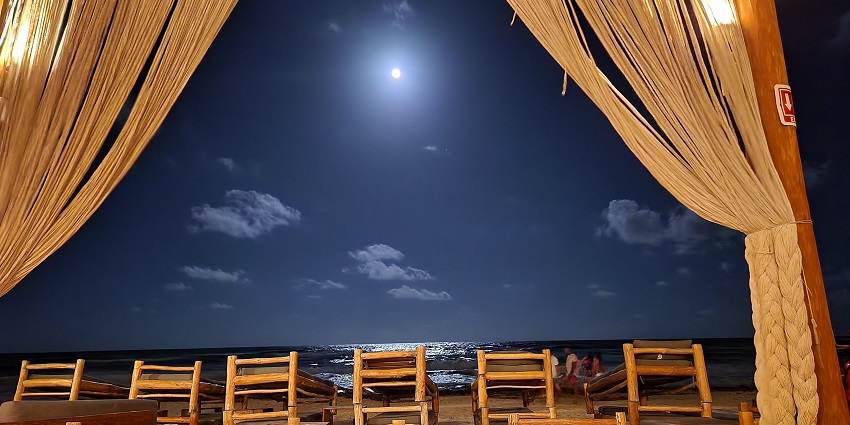 A beach club at night with wooden log tables, chairs and people in the background.
