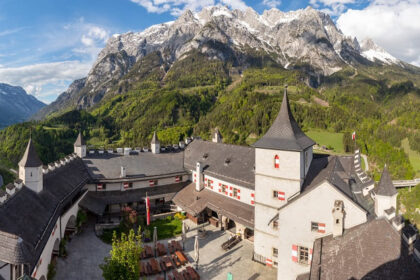 Courtyard and surroundings of castle Hohenwerfen, one of the best places to celebrate Valentine’s Day in Austria.