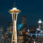 An aerial view of space needle tower in Seattle showcasing the cityscape - Valentine's Day in Seattle