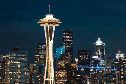 An aerial view of space needle tower in Seattle showcasing the cityscape - Valentine's Day in Seattle