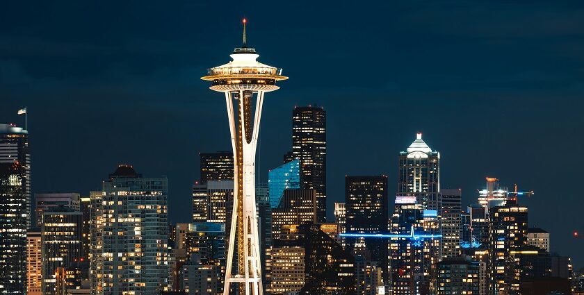 An aerial view of space needle tower in Seattle showcasing the cityscape - Valentine's Day in Seattle