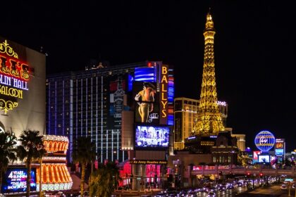 An image showcasing a vibrant Las Vegas Strip with illuminated hotels and bustling traffic.