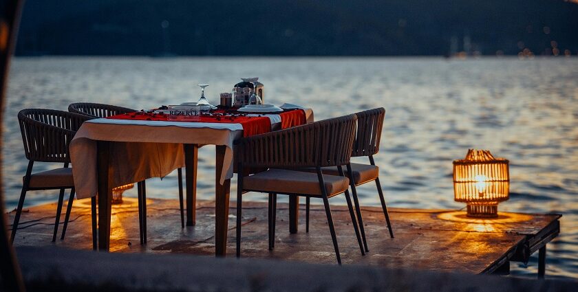 A view of romantic dining setting on the pier, one of the ways to celebrate Valentine’s day.