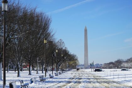 Image of The Washington Monument as seen from the National Mall during winter months