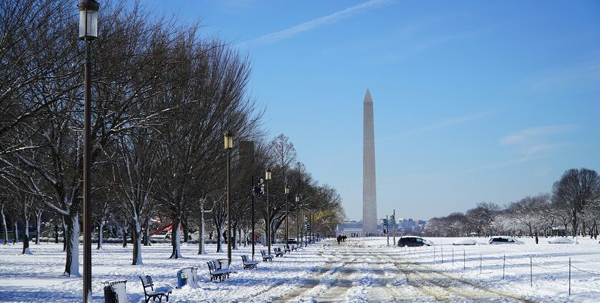 Image of The Washington Monument as seen from the National Mall during winter months