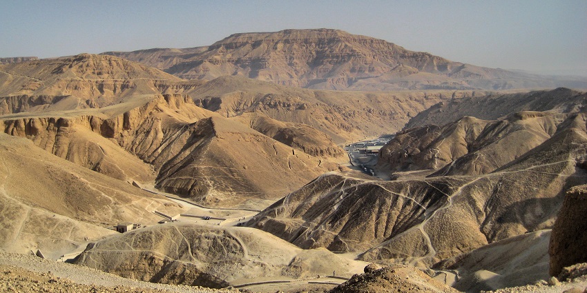 An empty Valley of the Kings is looking serene yet rough on a hot and sunny day.