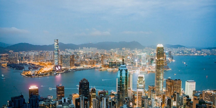 View of the elegant Victoria Harbour in the evening.