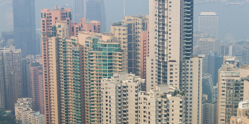 A panoramic view from Victoria Peak in western part overlooking Hong Kong's skyline.