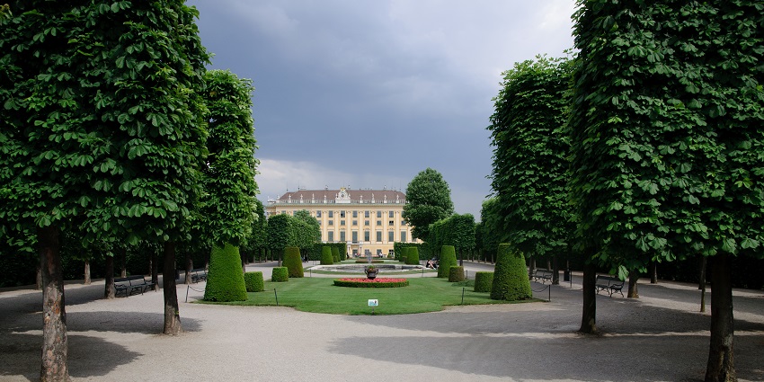 Romantic view of Schonbrunn Palace gardens, one of the best places to celebrate Valentine’s Day in Austria.