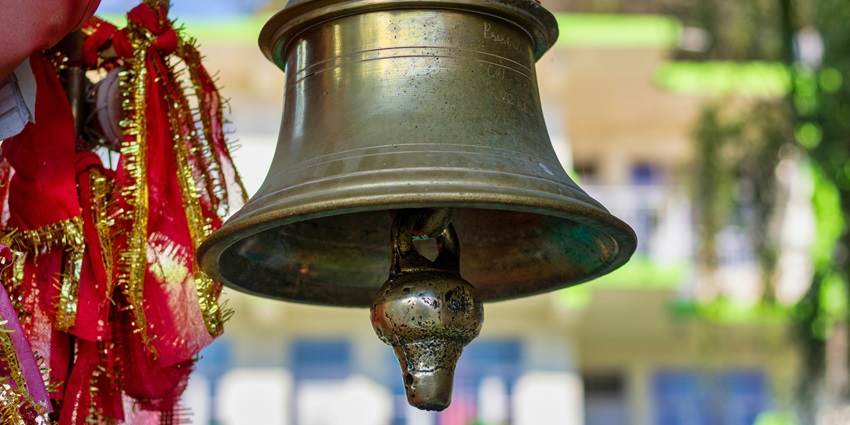 An image of a bell at Vinayaka Temple, one of the biggest temples in Ireland.