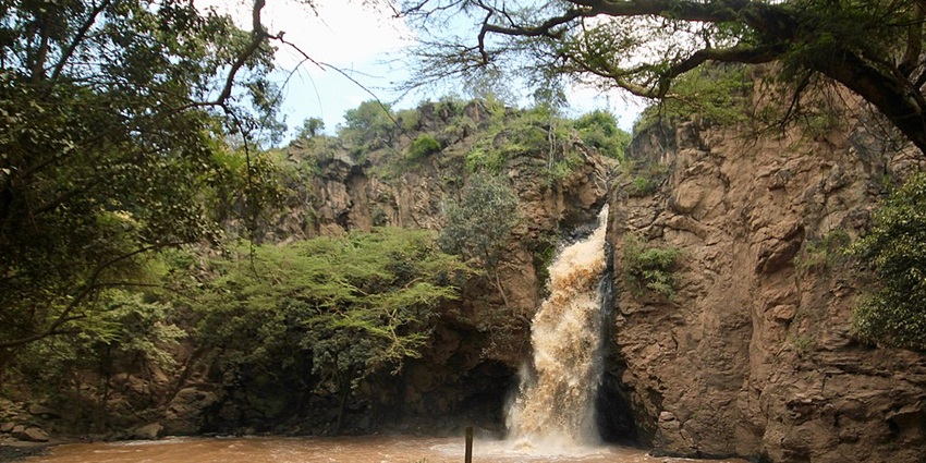 Makalia Falls waterfall flowing into the river with strong pressure surrounded by trees