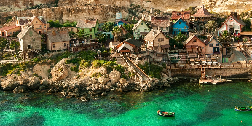 A wide view of Popeye’s Village near Anchor Bay in Mellieħa, Northern Malta for all to see