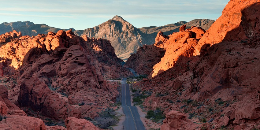 A road in the middle of Red Rock Canyon with reddish stony mountains and dried bushes
Viewers of this file can see comments and suggestions