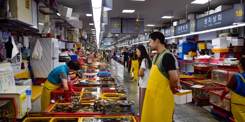 Busan Fish Market is bustling with fresh seafood, offering a vibrant, authentic Korean market experience