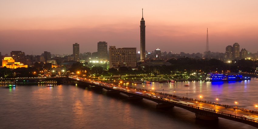View of Cairo Tower across the Nile River in the evening in Egypt.
