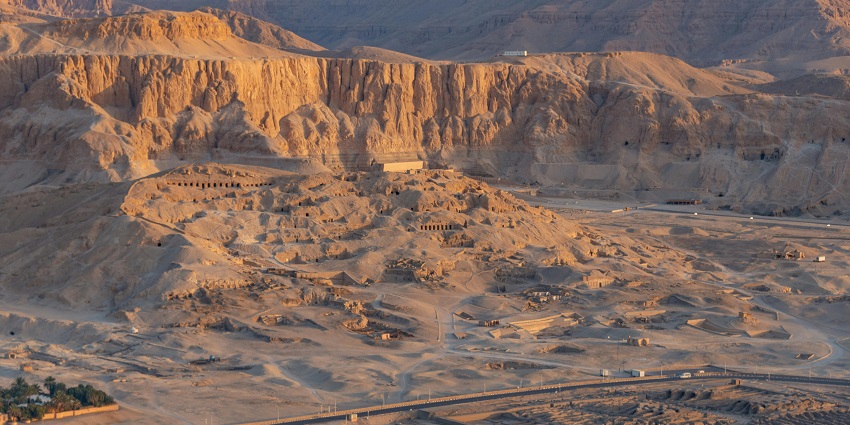 Aerial view of the Valley of the Kings featuring ancient Egyptian archaeological brilliance