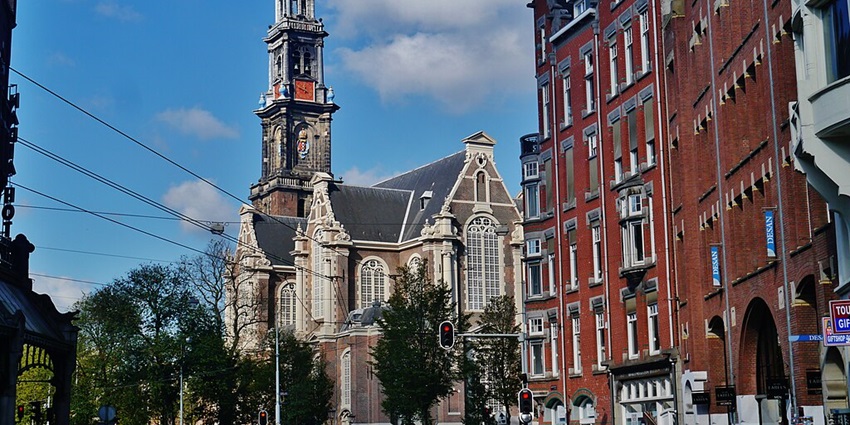 A view of the long tower at Westerkerk, a place in Amsterdam
