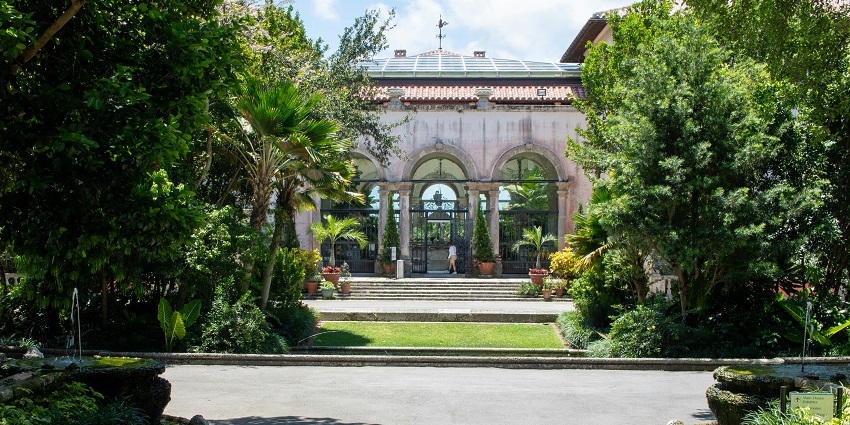 A lush greenery in front of the Vizcaya Museum and Gardens in Miami, Florida, USA