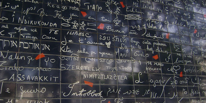 Romantic mural with "I Love You" in multiple languages, a highlight in Paris travel guide.