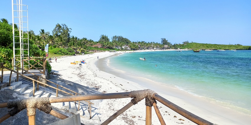 A view of the stunning Watamu Beach surrounded by sea green coloured water and white sand