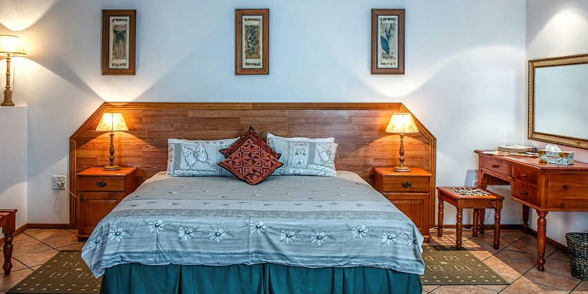 Image of a hotel room with a bed and wooden colour decoration with dim lights and other amenities