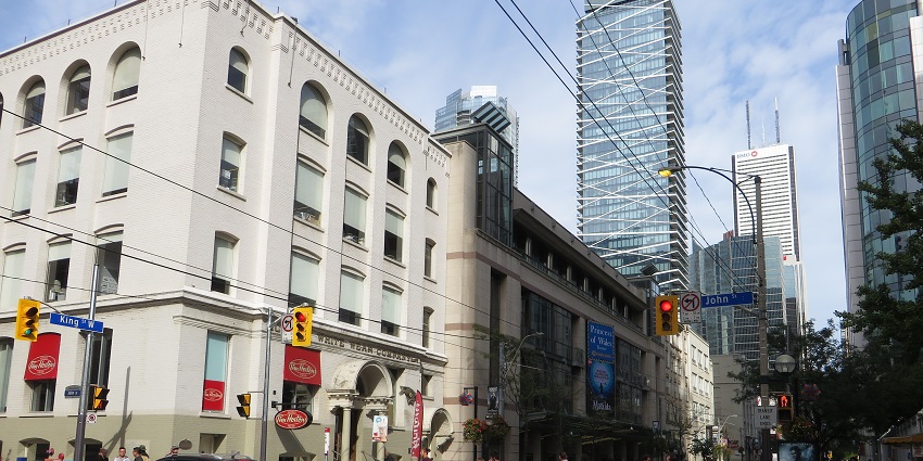 An image of the elegant exterior of the Shangri-La Hotel, showcasing modern luxury in Toronto.