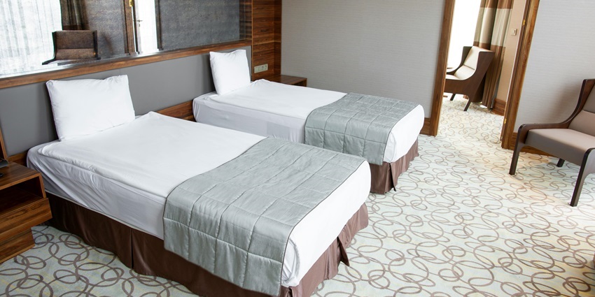Image of a hotel room with two separate beds and other good amenities