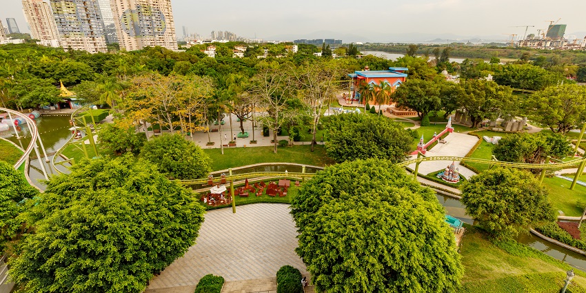 Miniature replicas of global landmarks in an outdoor theme park.