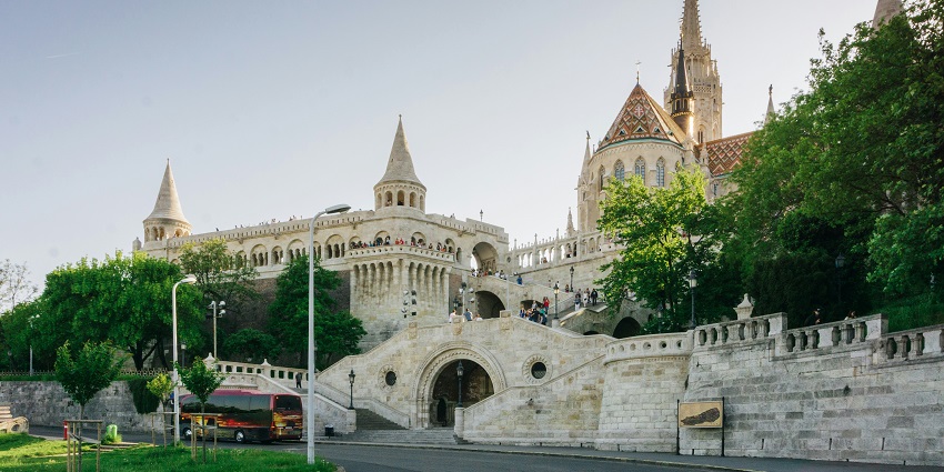 A picture of the Fisherman's Bastion in Budapest, with its fairytale-like towers.