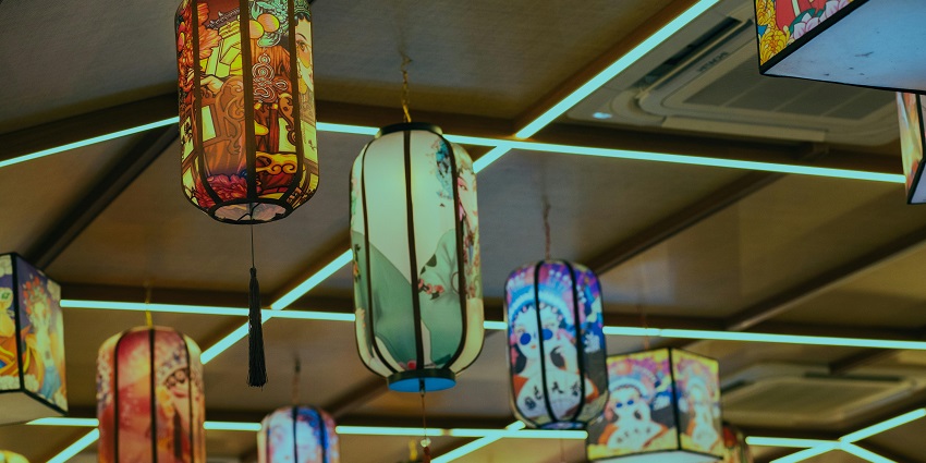 Cultural arts centre with traditional and colourful lamps hanging from the ceiling