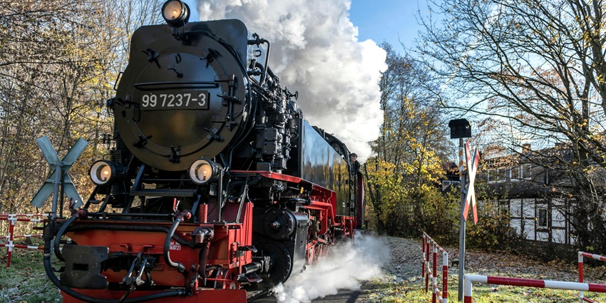 Nostalgic train ride through stunning countryside with charming vintage carriages.