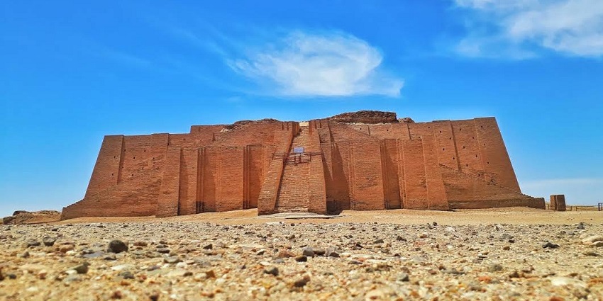 Ziggurat of Ur, an ancient massive stepped structure with towering brick walls