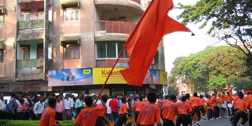 Image of Drummers at Shigmo in Goa on the street playing around during the festival