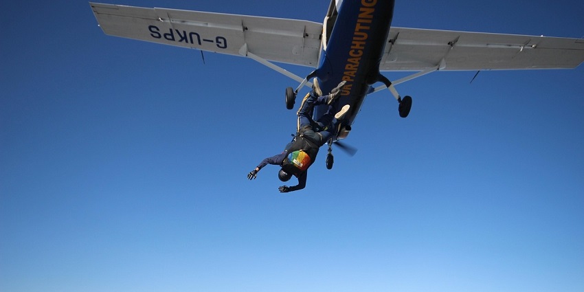 View of a crazy fall during a skydive, reflecting the best time for skydiving in Germany.