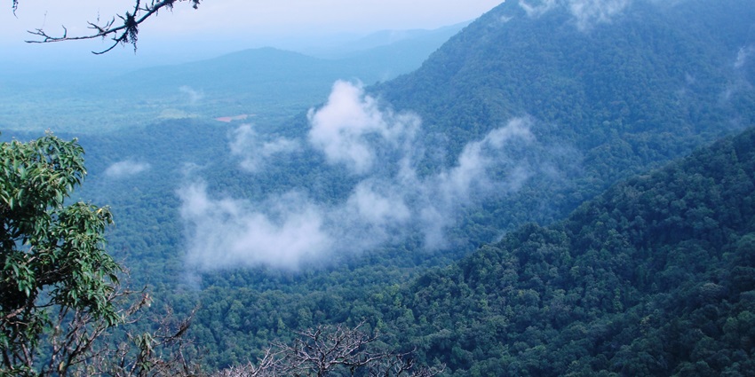 An image showing Agumbe View Point in India, overlooking the landscape with hills and open sky