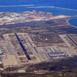 Aerial view of Barcelona–El Prat Airport, the international airport of Barcelona, Spain.